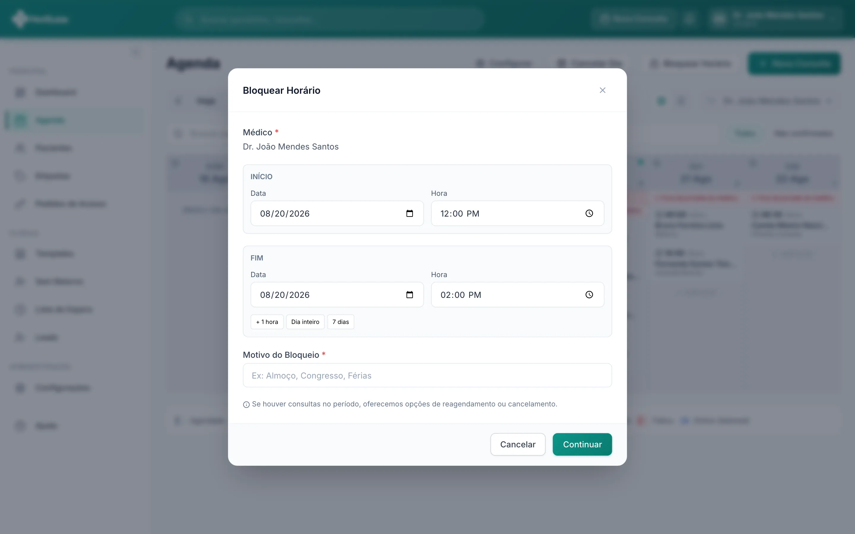 Modal de bloqueio de horário aberto sobre a agenda