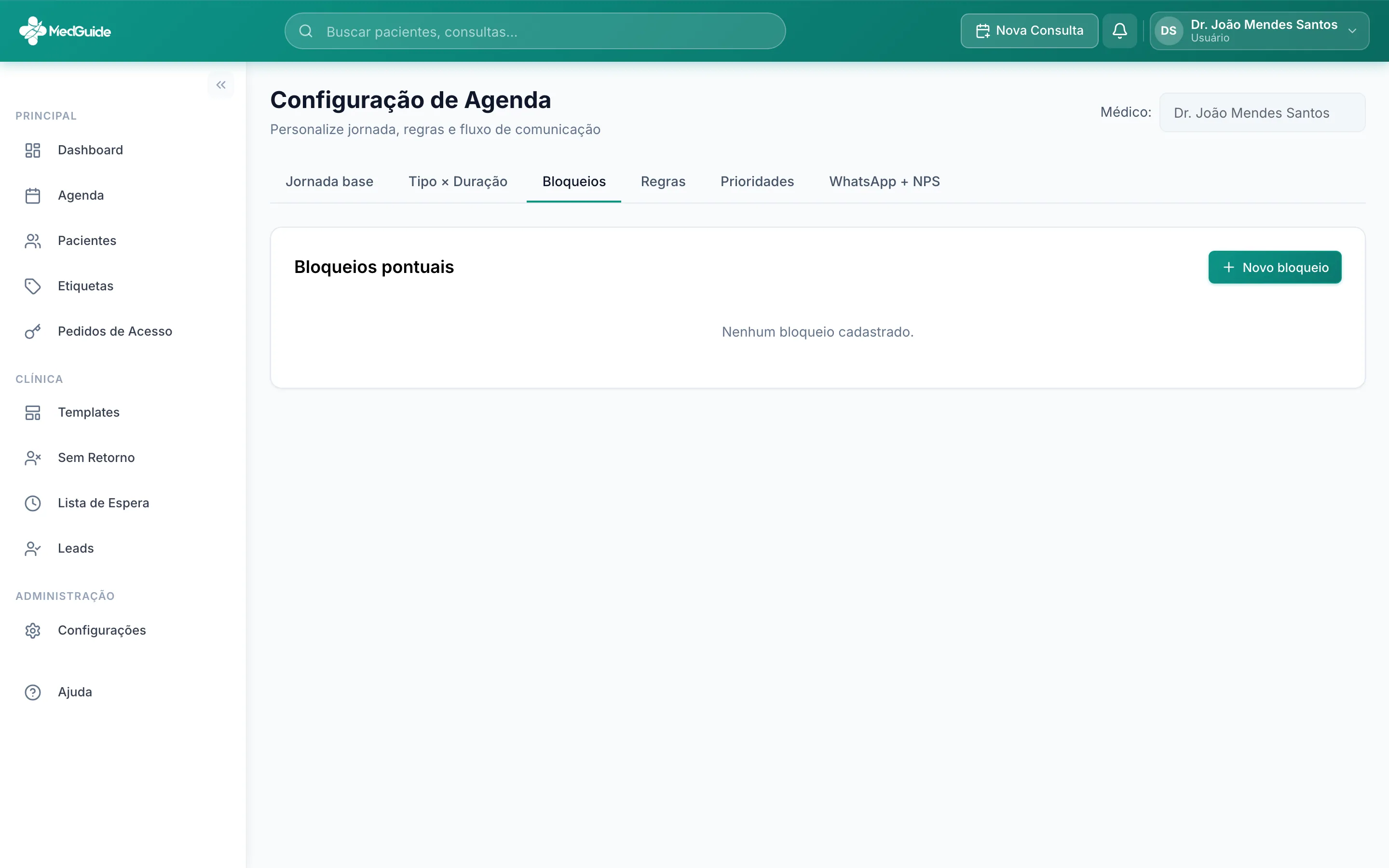 Aba Bloqueios da configuração de agenda