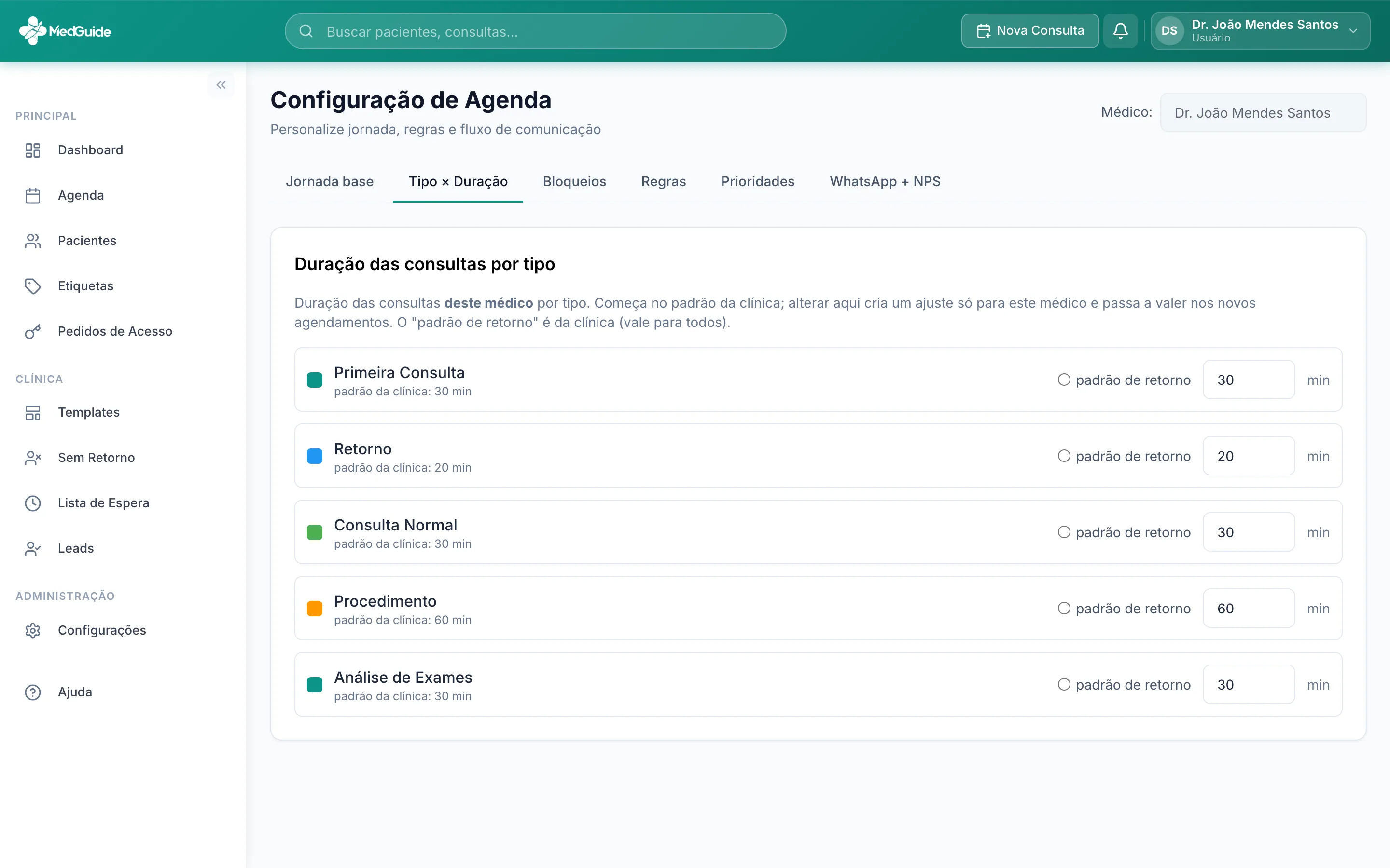 Aba Tipo × Duração com a lista de tipos de consulta