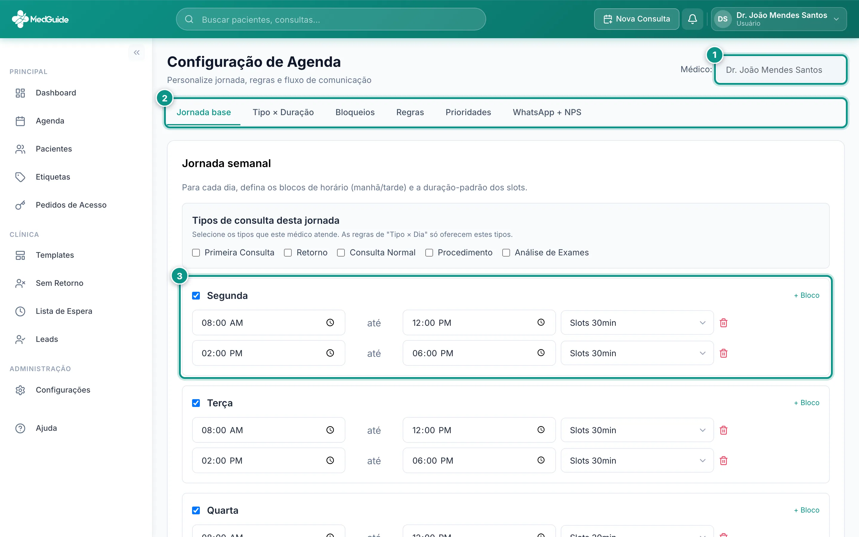 Aba Jornada base da configuração de agenda