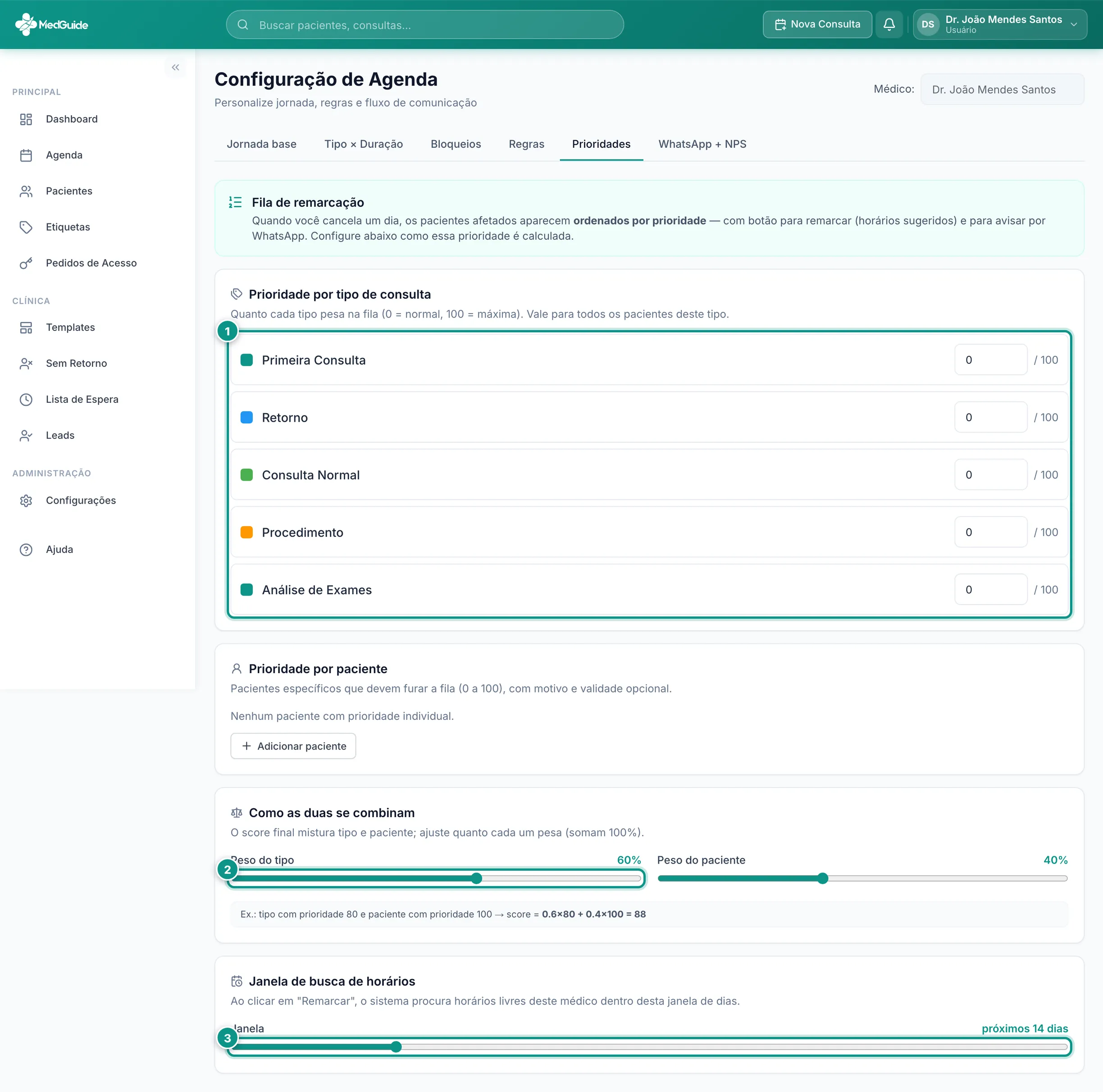 Aba Prioridades da configuração de agenda
