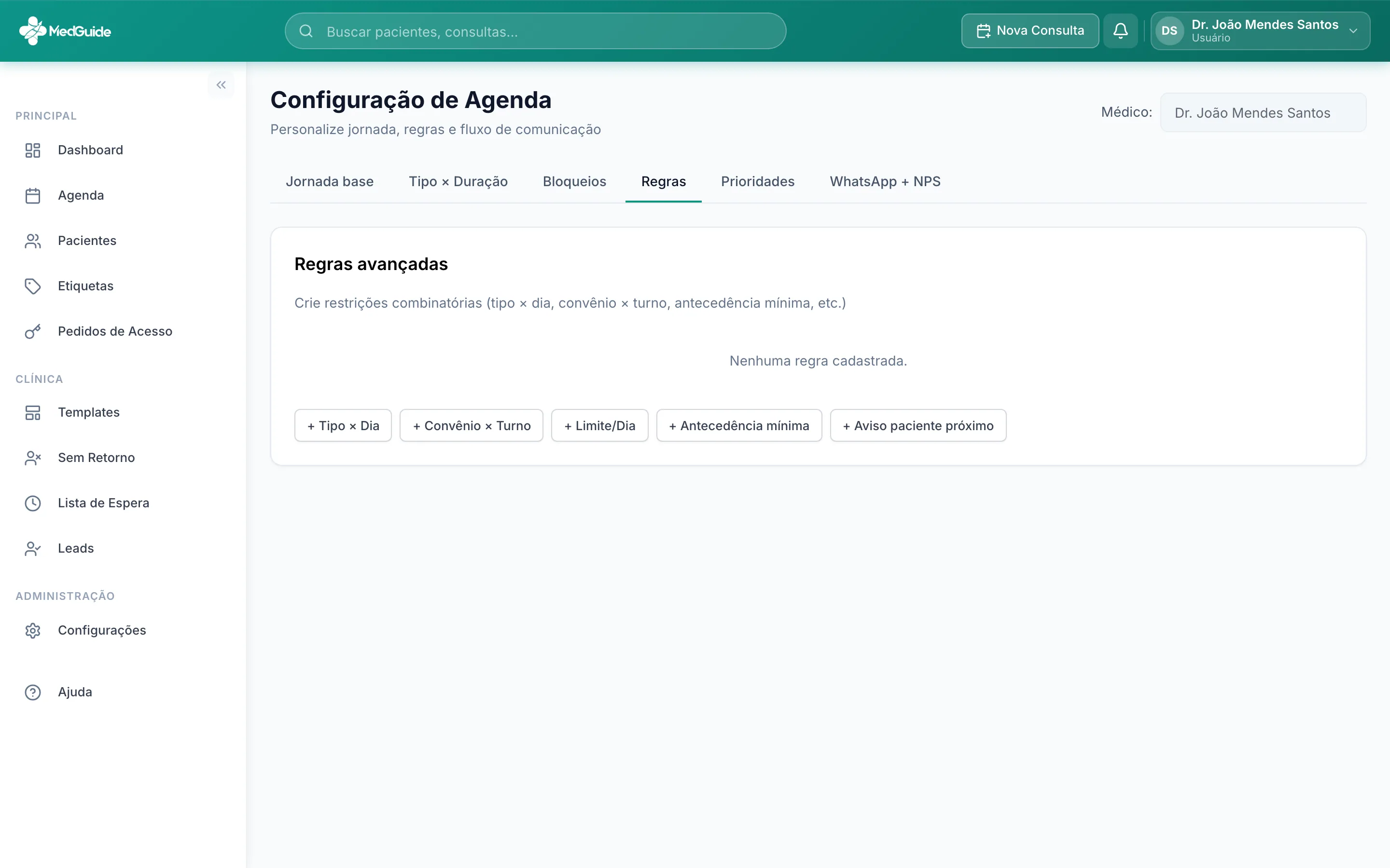 Aba Regras com a lista de regras avançadas