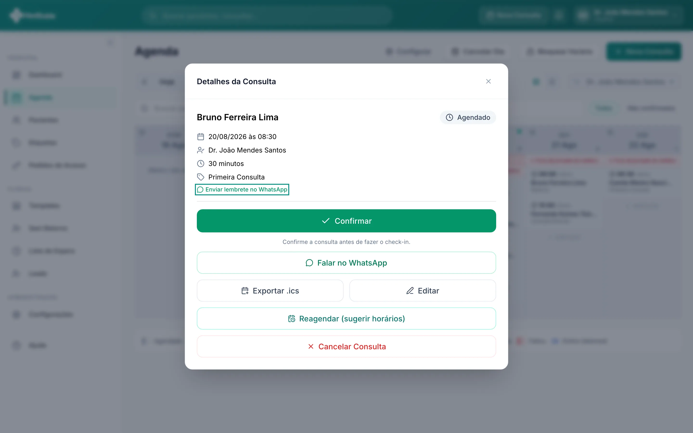 Painel de detalhes da consulta com as ações