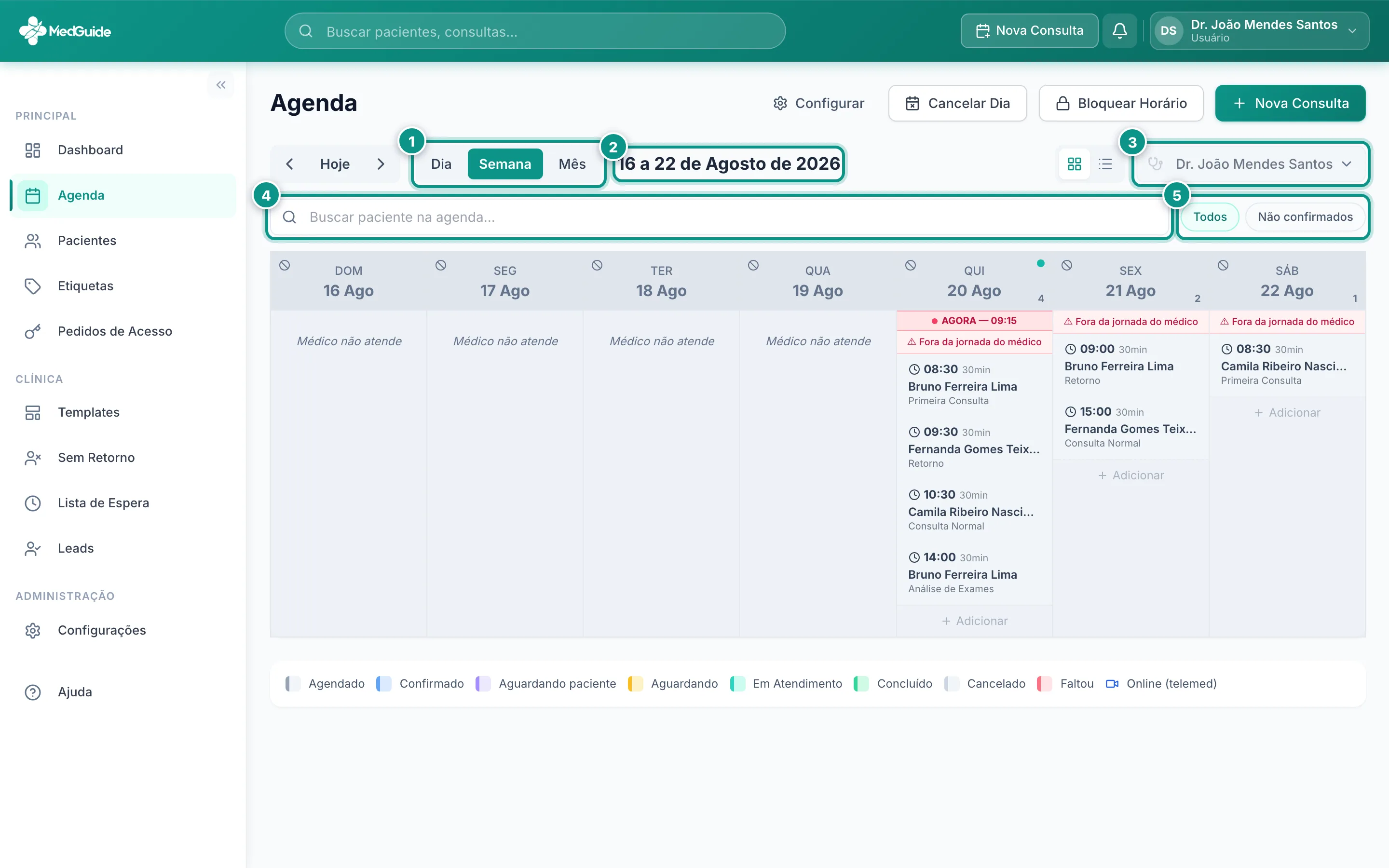 Agenda com a semana de consultas e a barra de controles