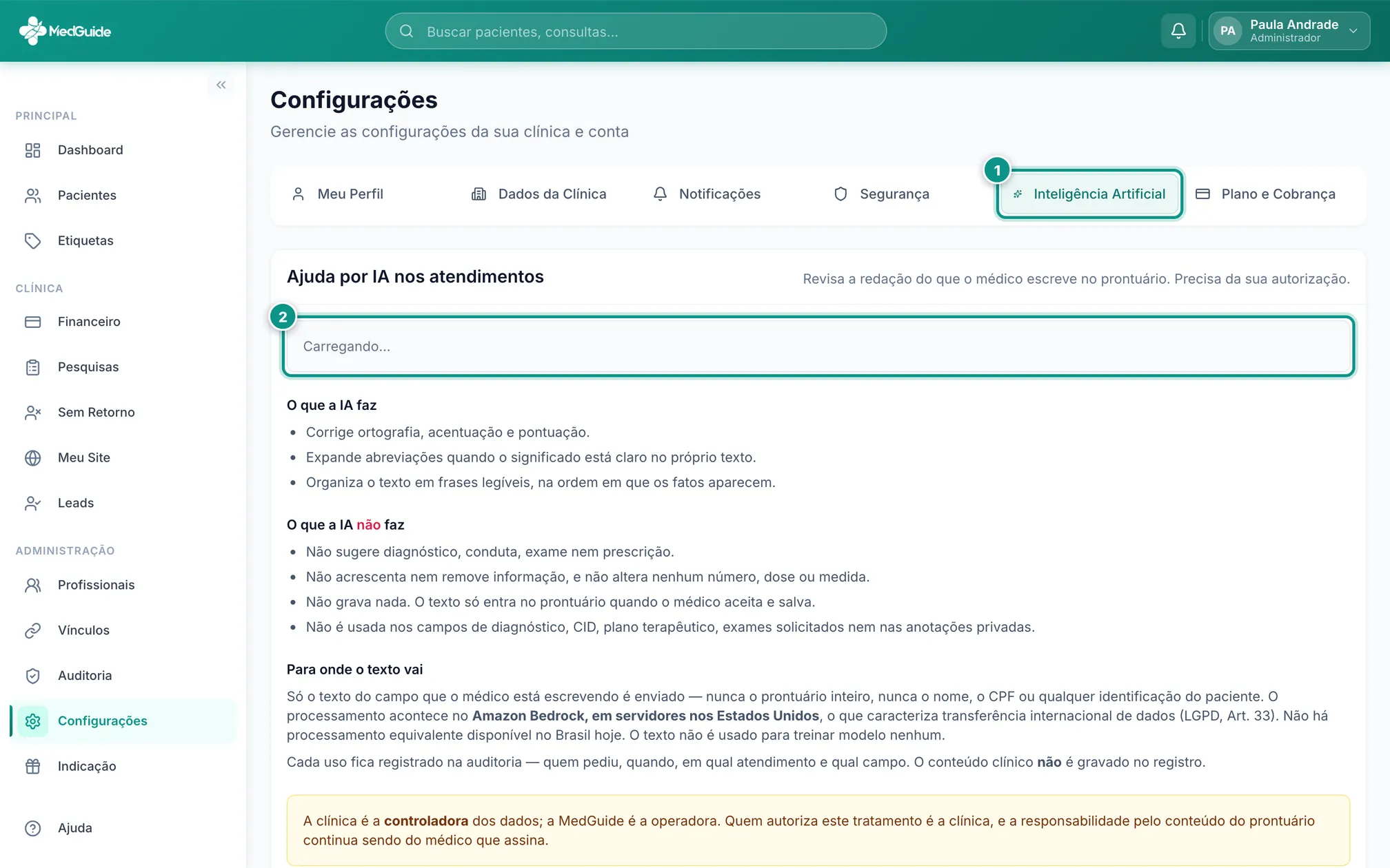 Aba de inteligência artificial nas configurações