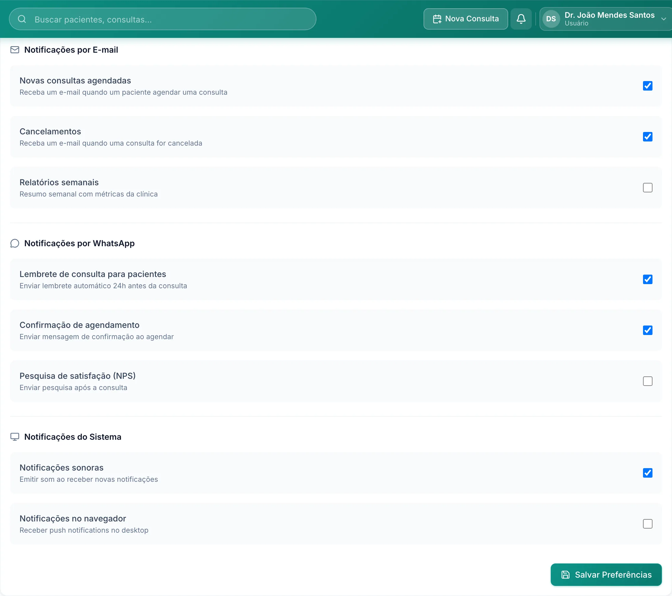 Aba de notificações com os três blocos de interruptores