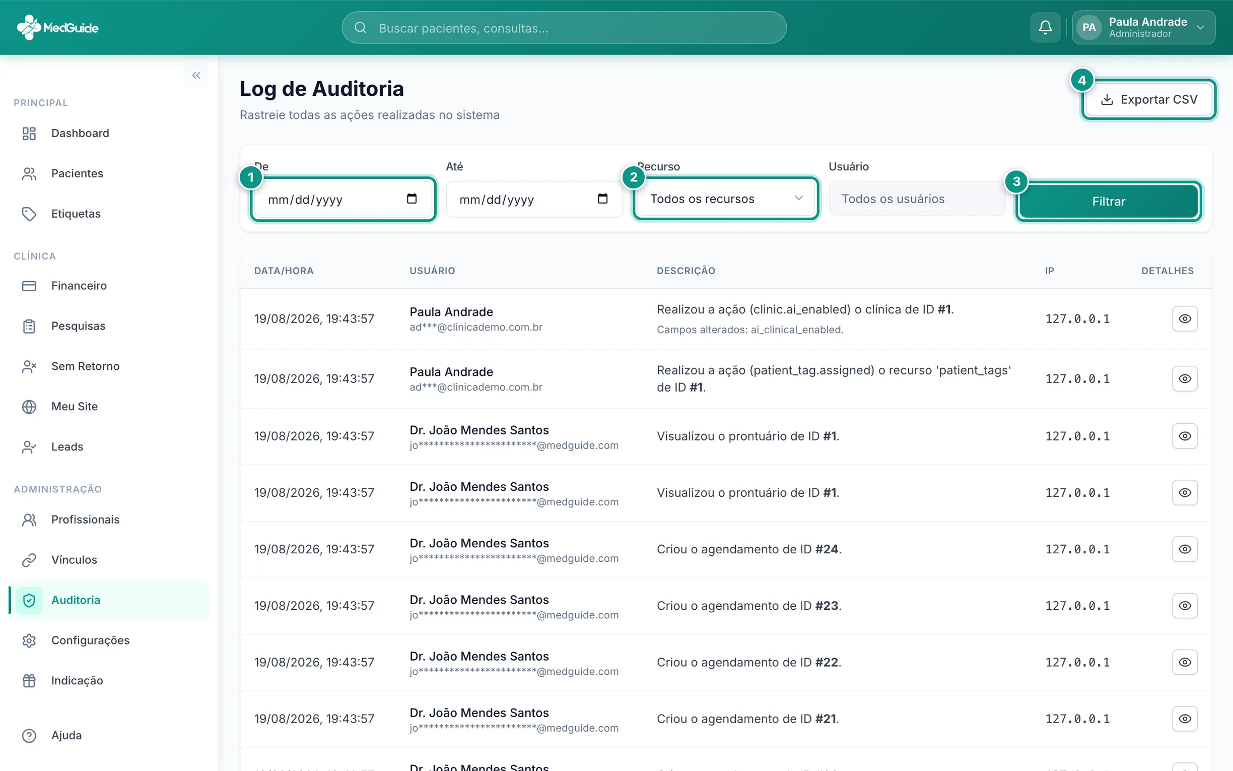 Tela de auditoria com os filtros e a lista de registros