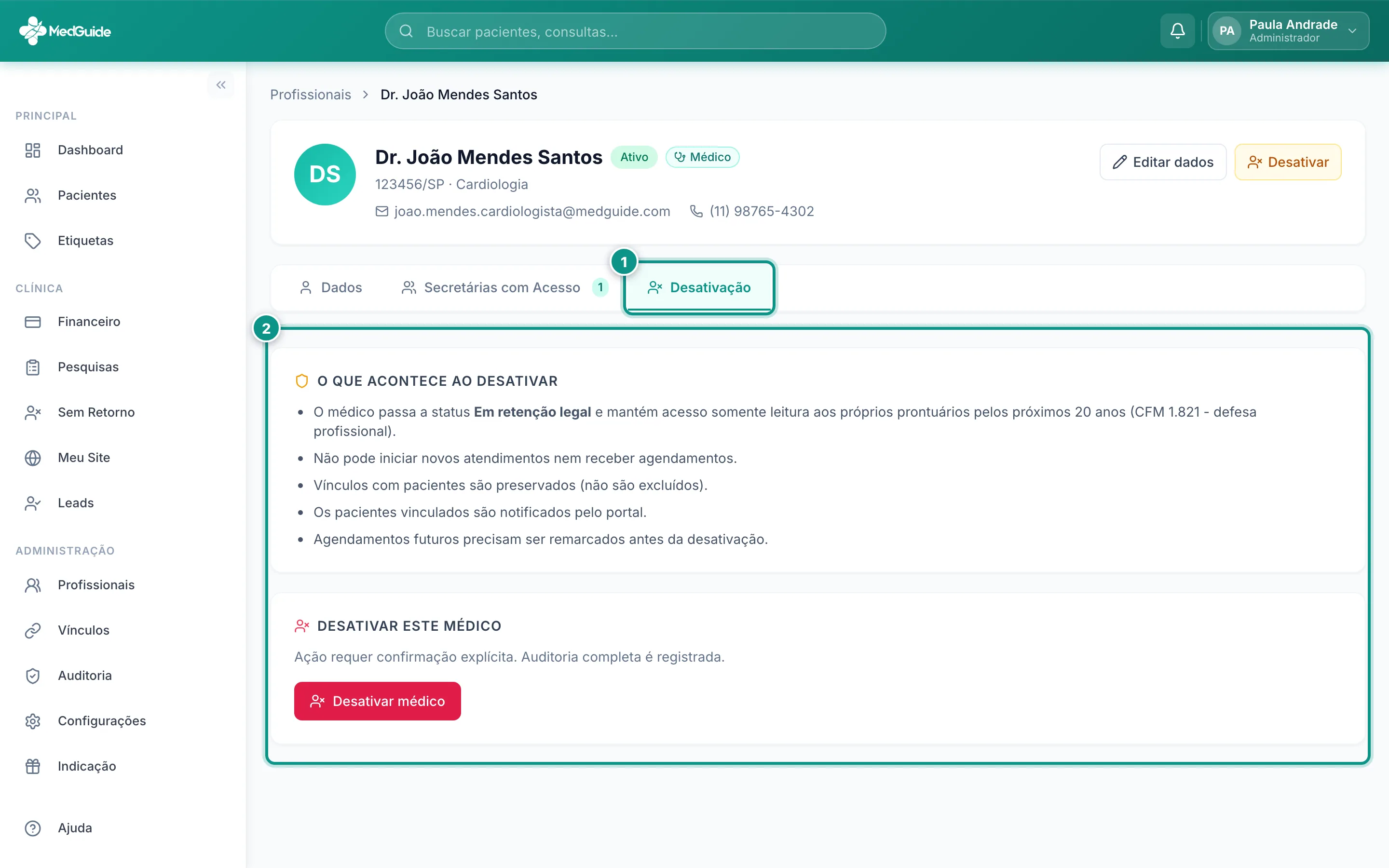 Aba de desativação do perfil do profissional