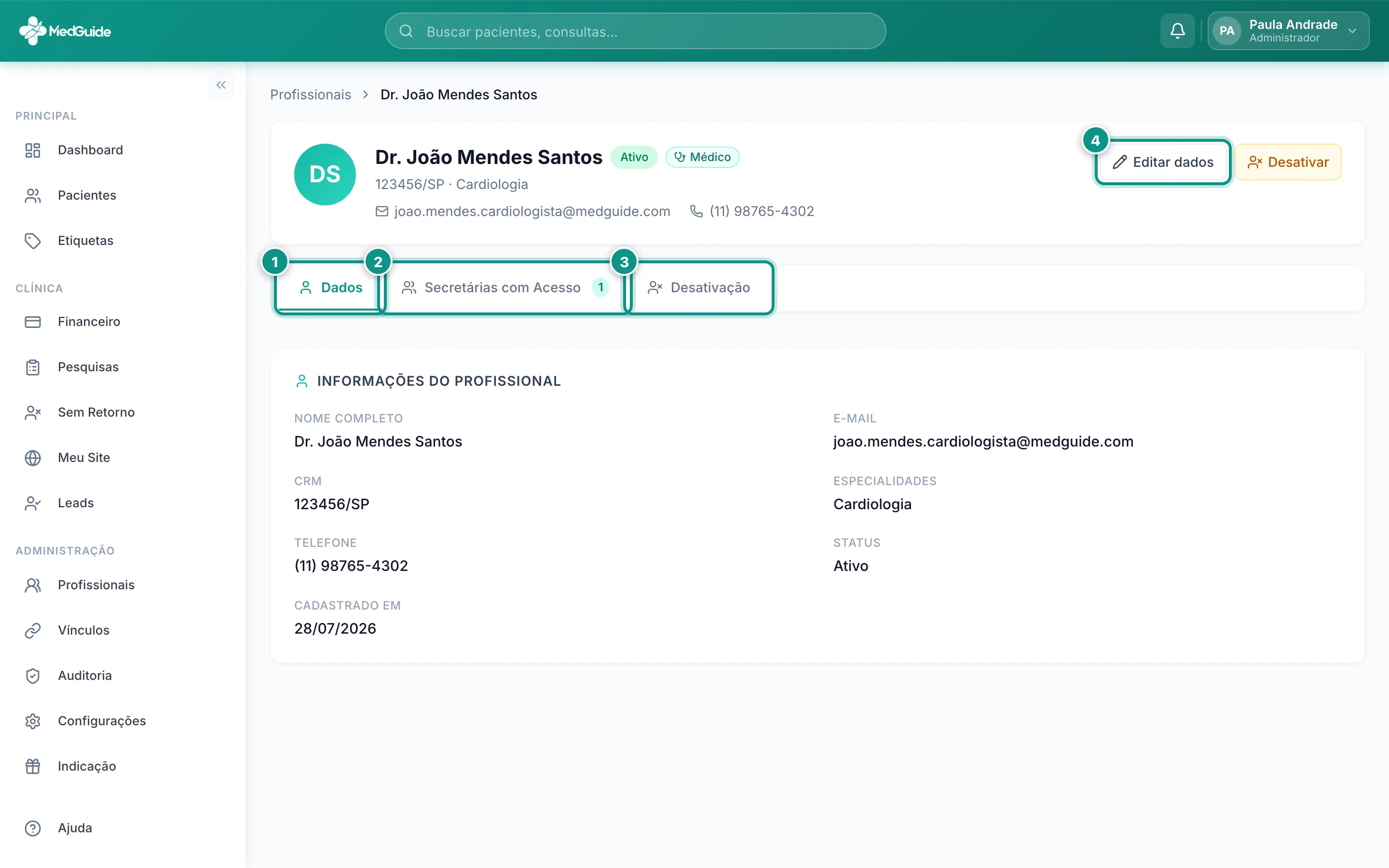 Perfil de um médico com as abas e ações