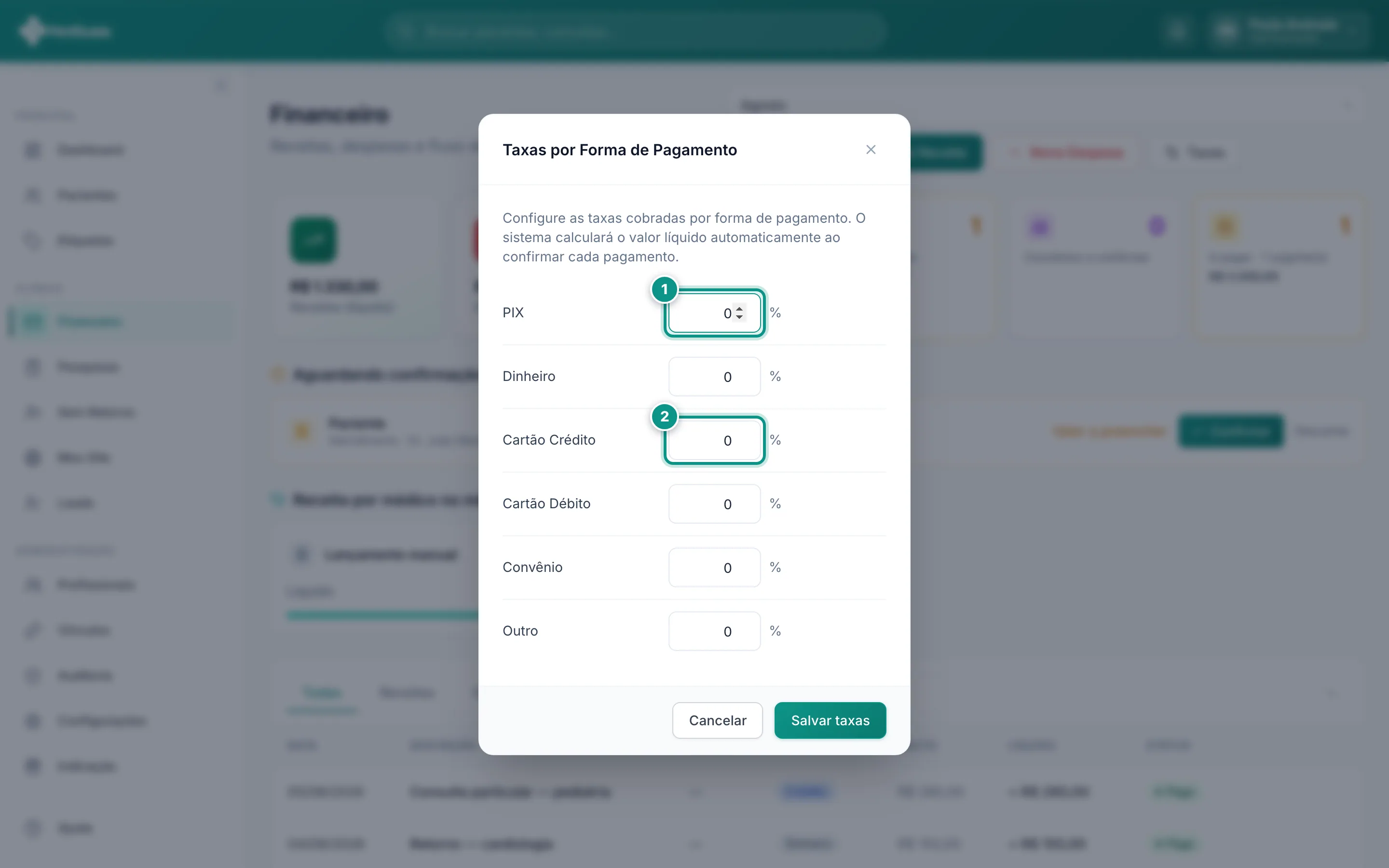 Modal de taxas por forma de pagamento