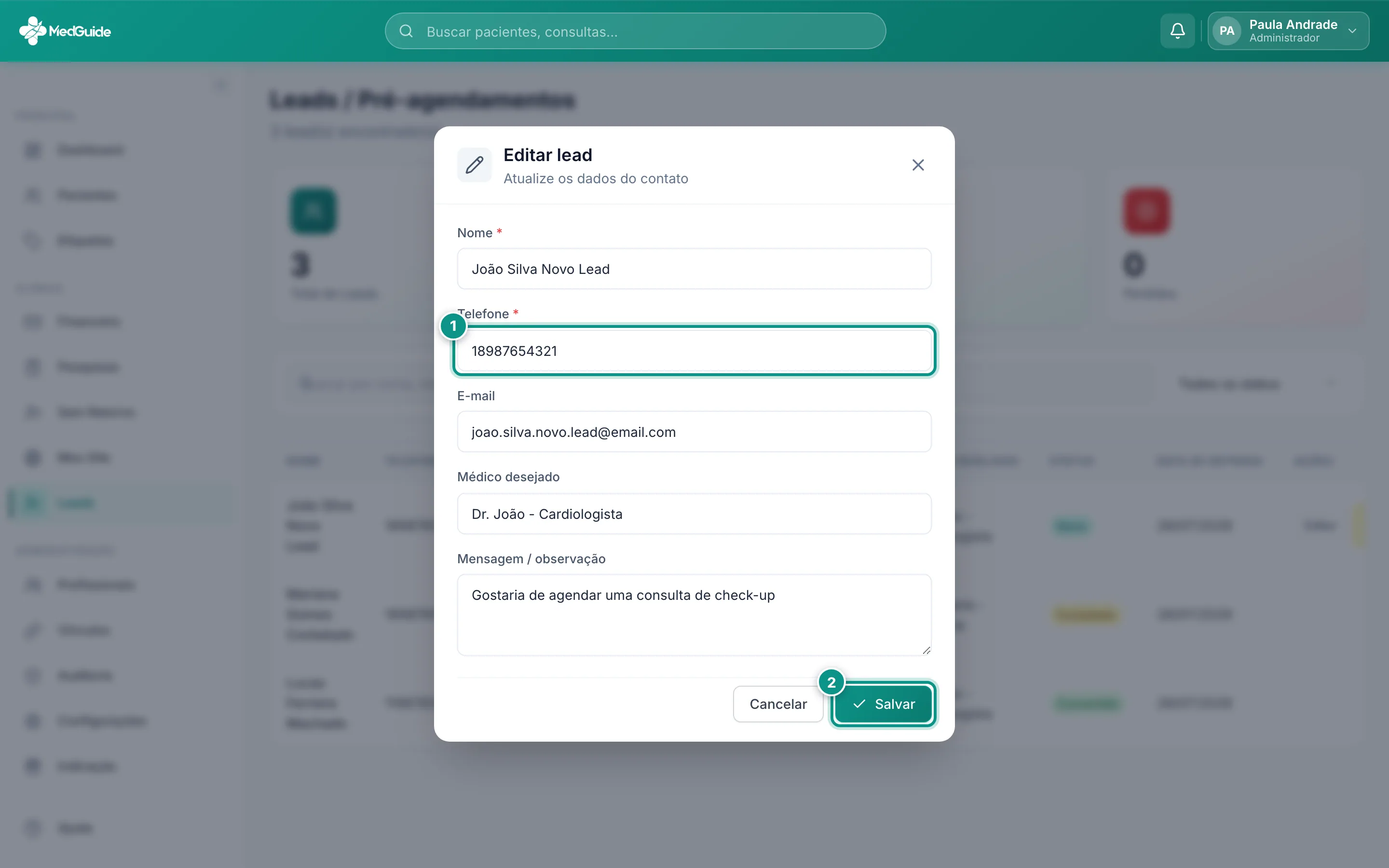 Modal de edição de um lead