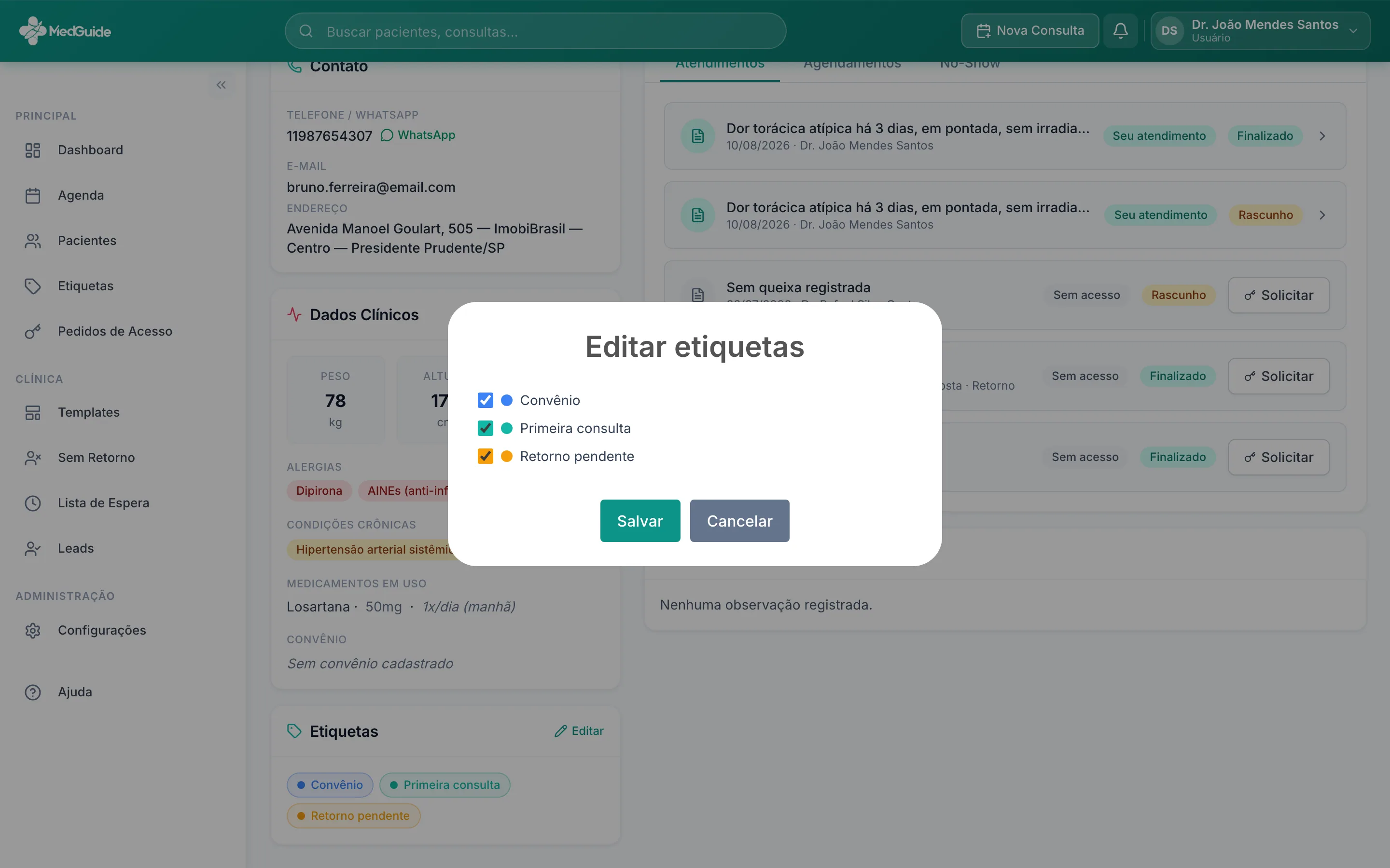 Caixa de edição de etiquetas na ficha do paciente