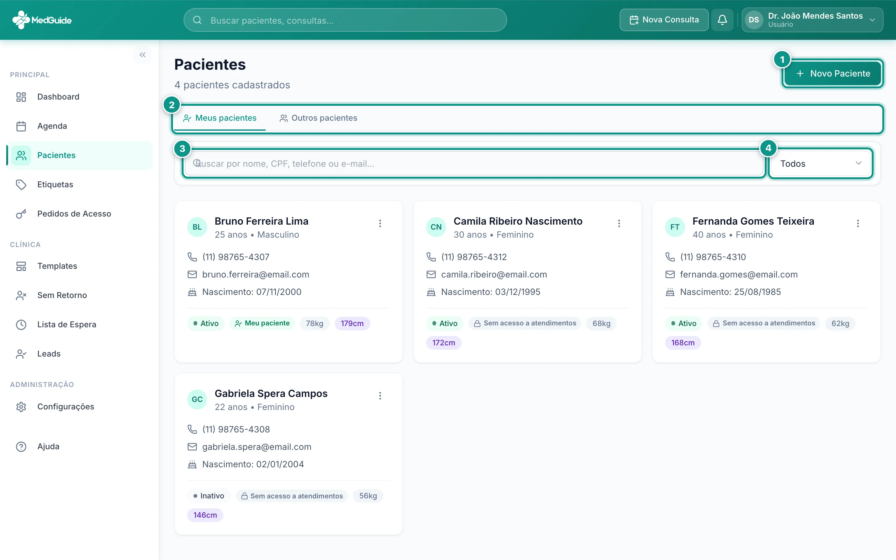 Lista de pacientes com os controles de busca e filtro