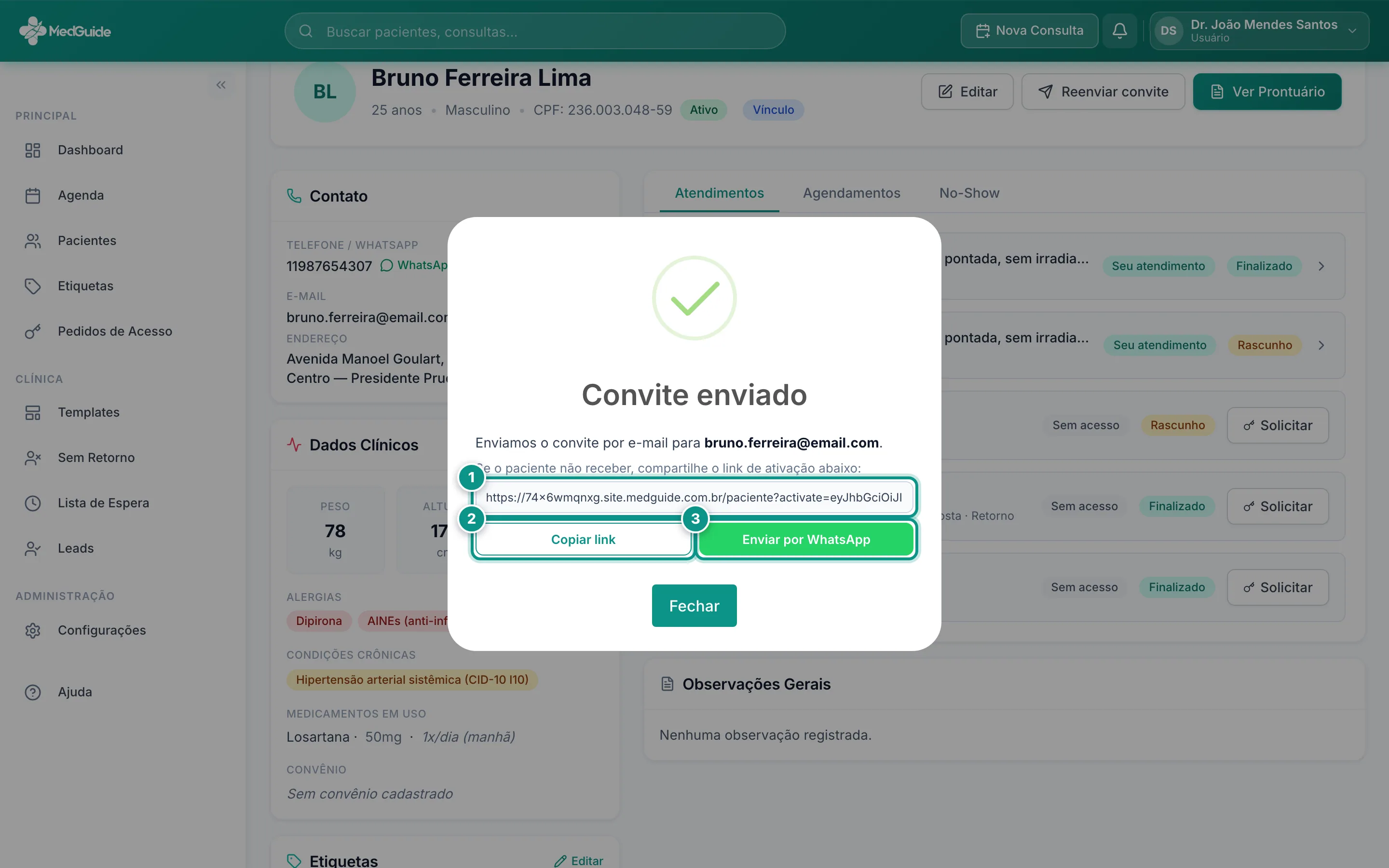 Convite para o portal gerado na ficha do paciente