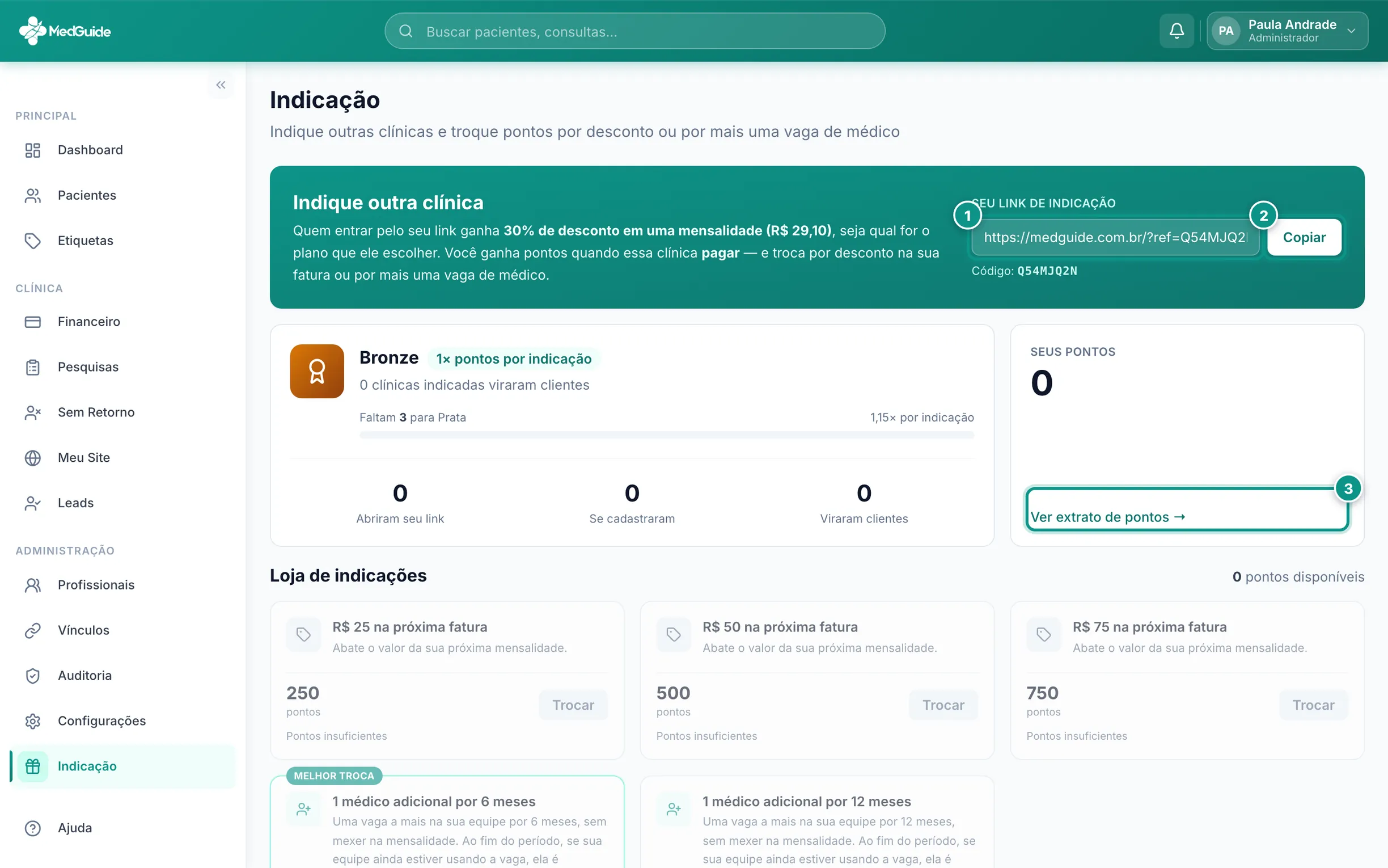 Topo da tela de indicação, com o link e o extrato