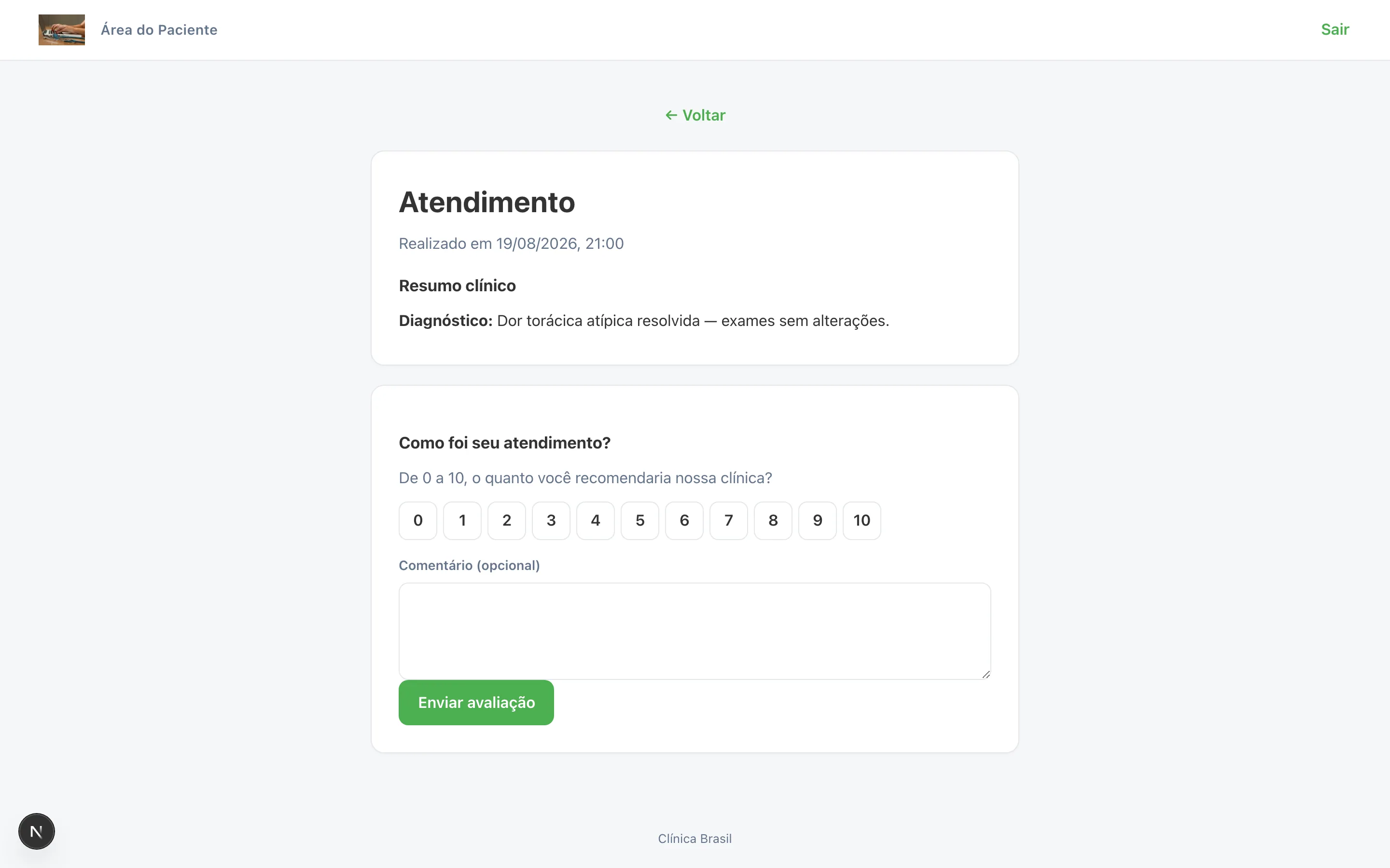 Detalhe de uma consulta realizada, com o resumo clínico e a avaliação