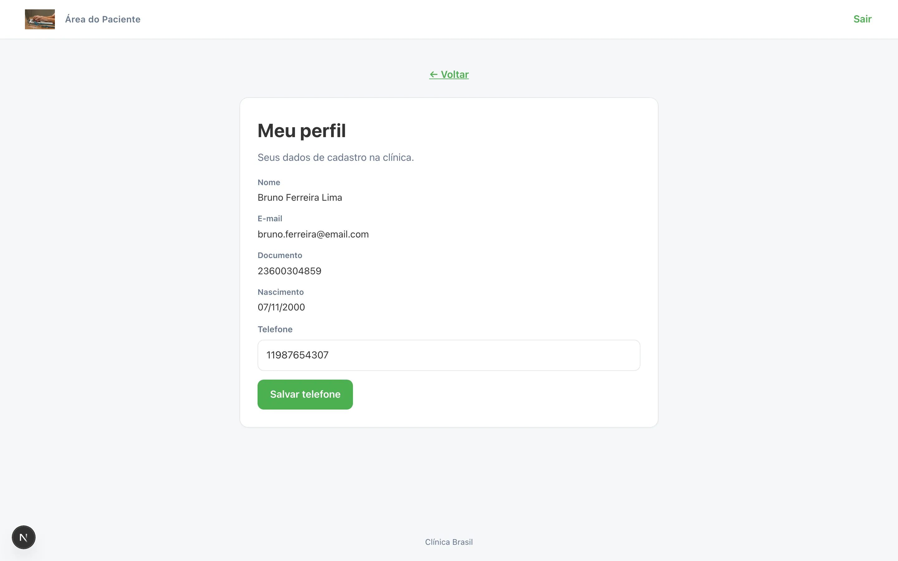 Tela de perfil do paciente