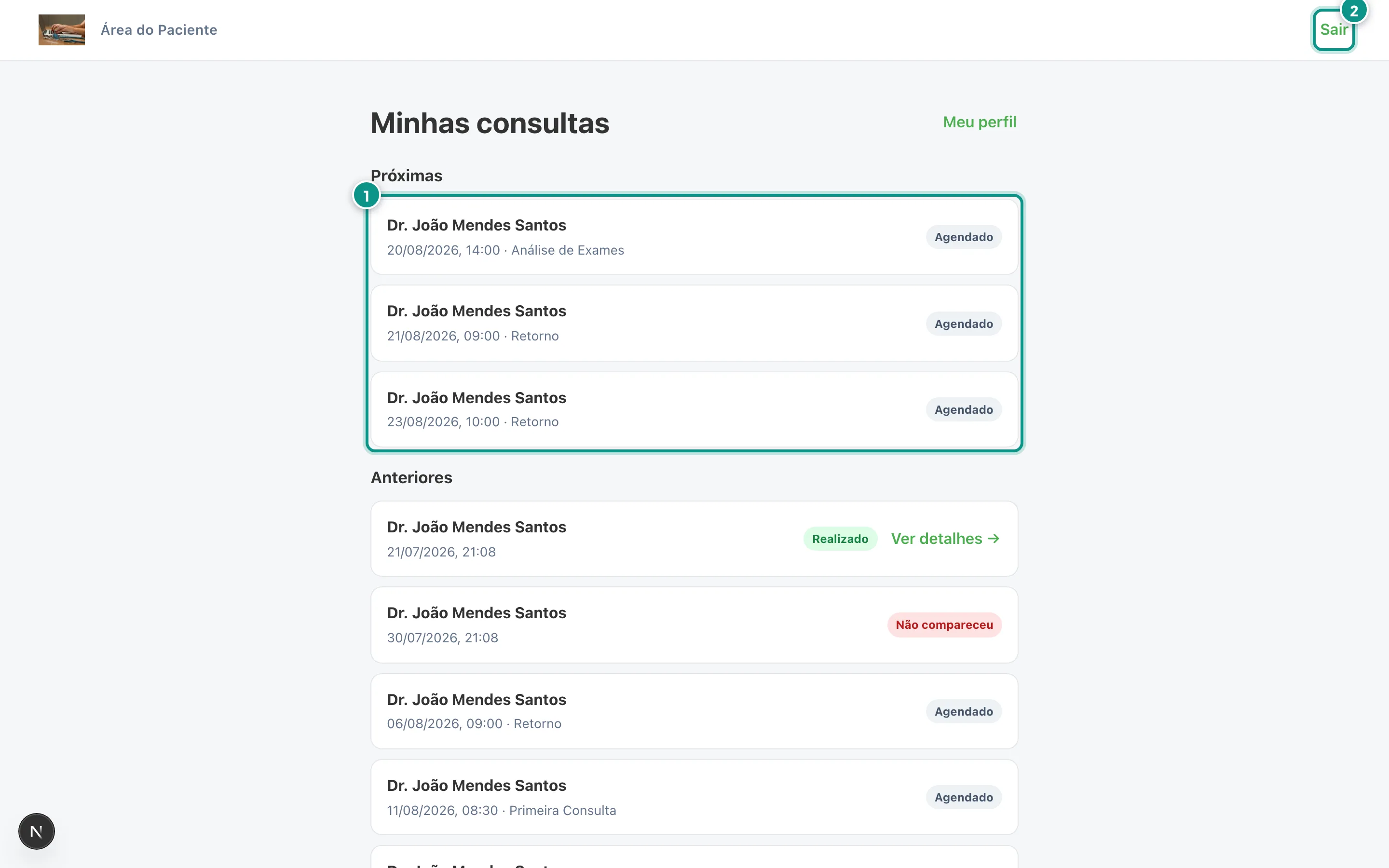 Área do paciente com as consultas próximas e anteriores