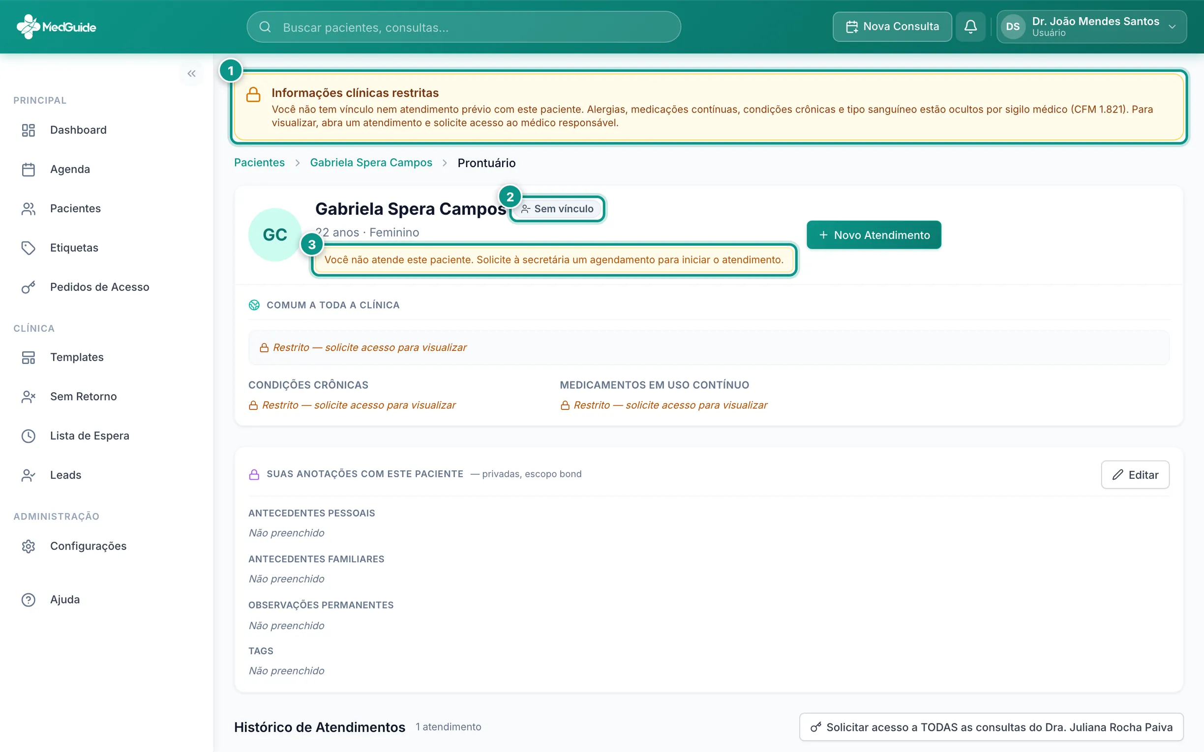 Prontuário em modo restrito, com os três sinais de que o acesso está bloqueado
