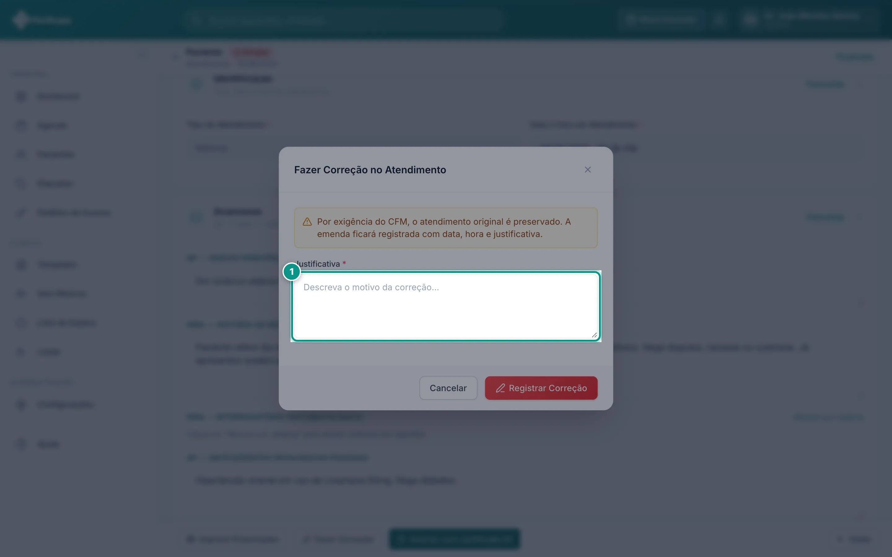 Modal de correção pedindo o motivo