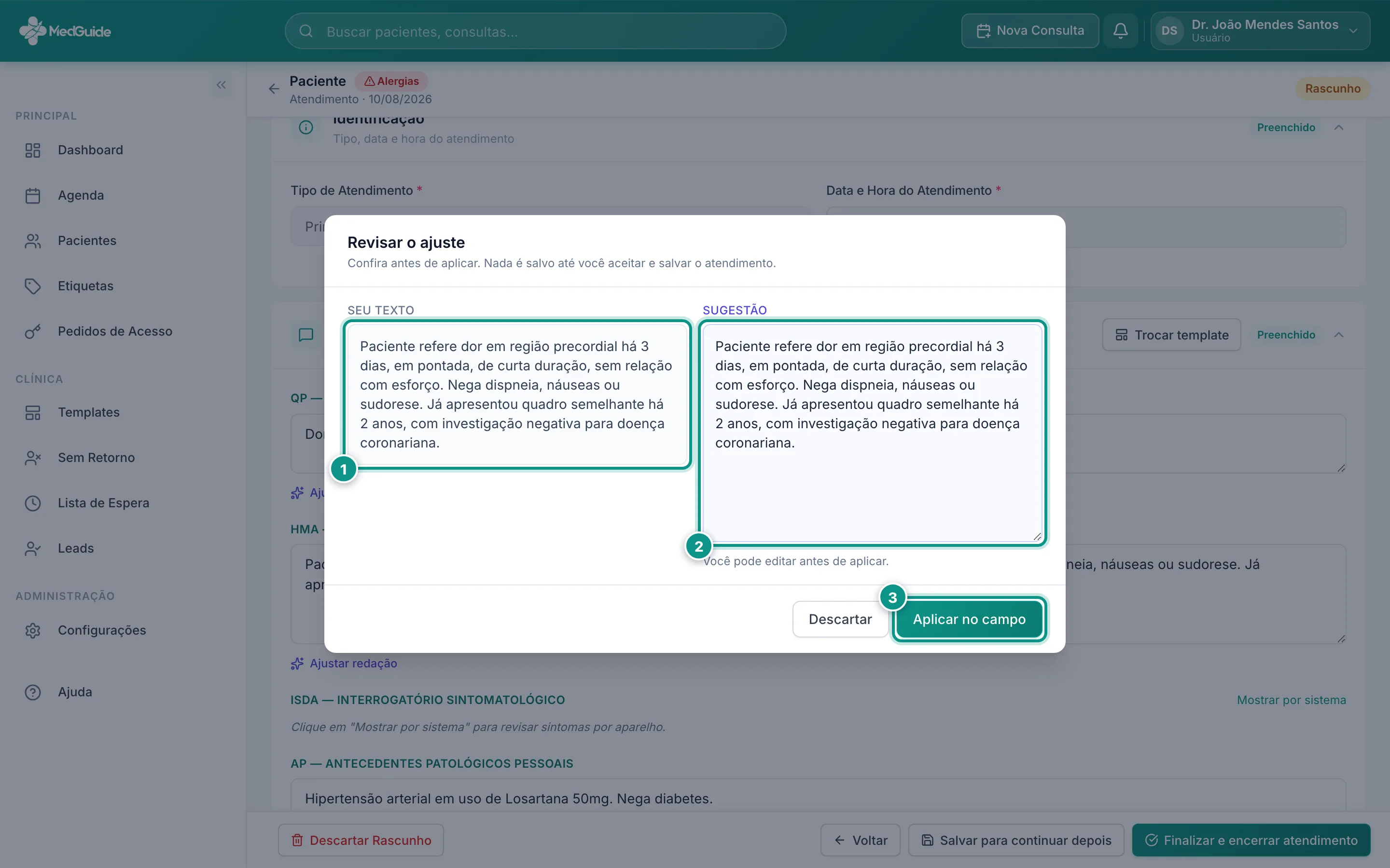 Painel de revisão do ajuste, com o texto original e a sugestão lado a lado