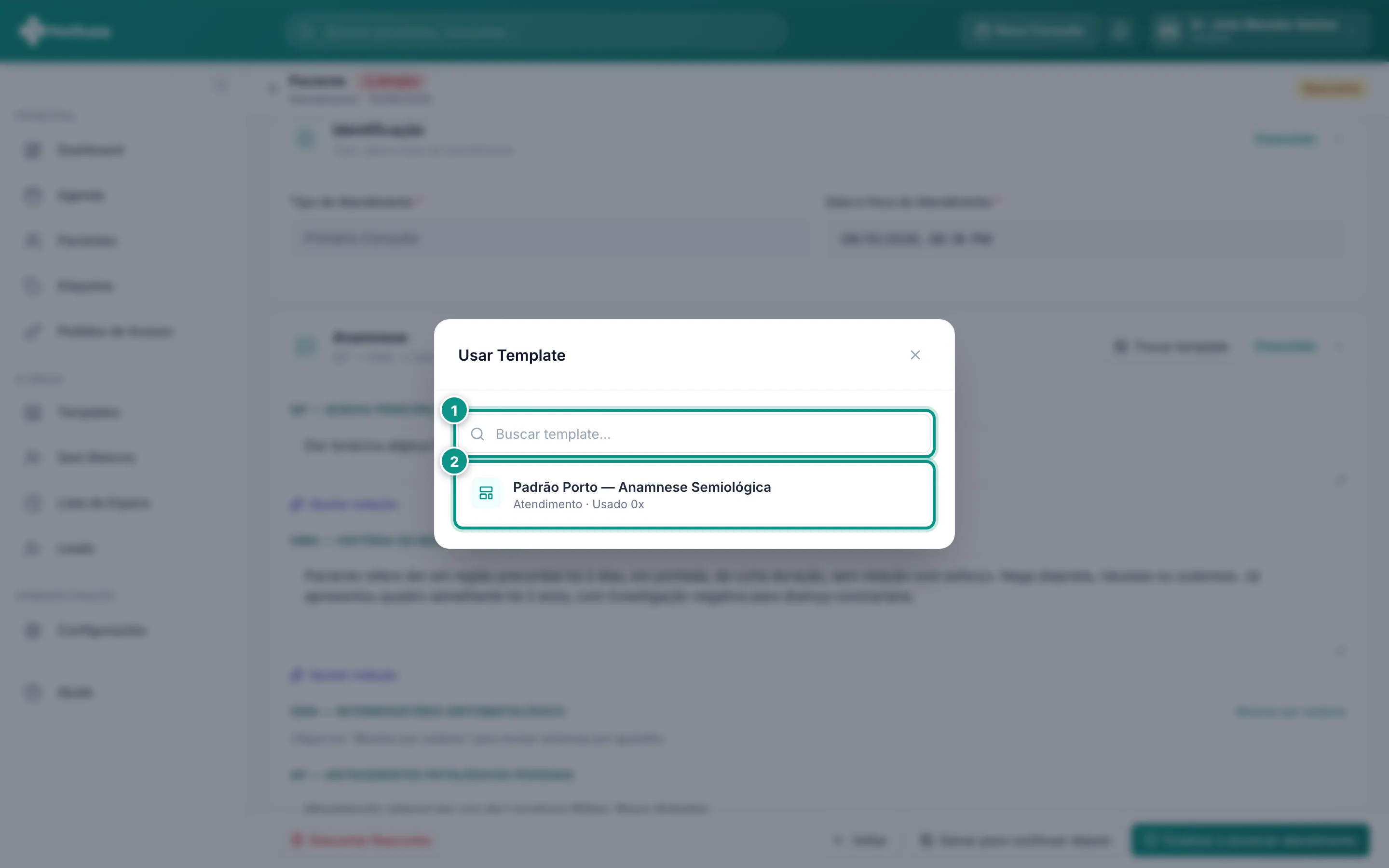 Modal de escolha de template dentro do atendimento