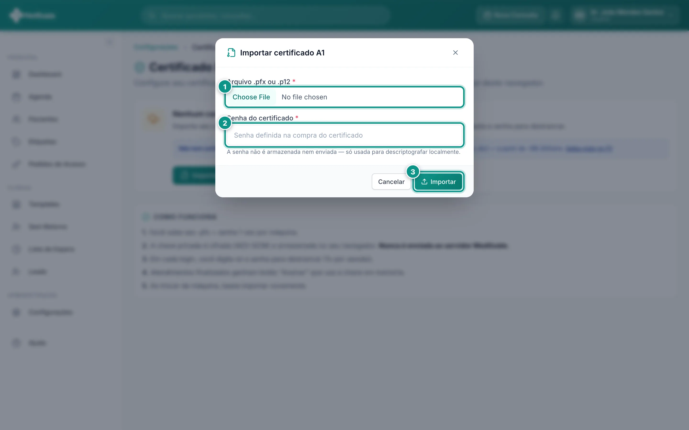 Modal de importação do certificado A1