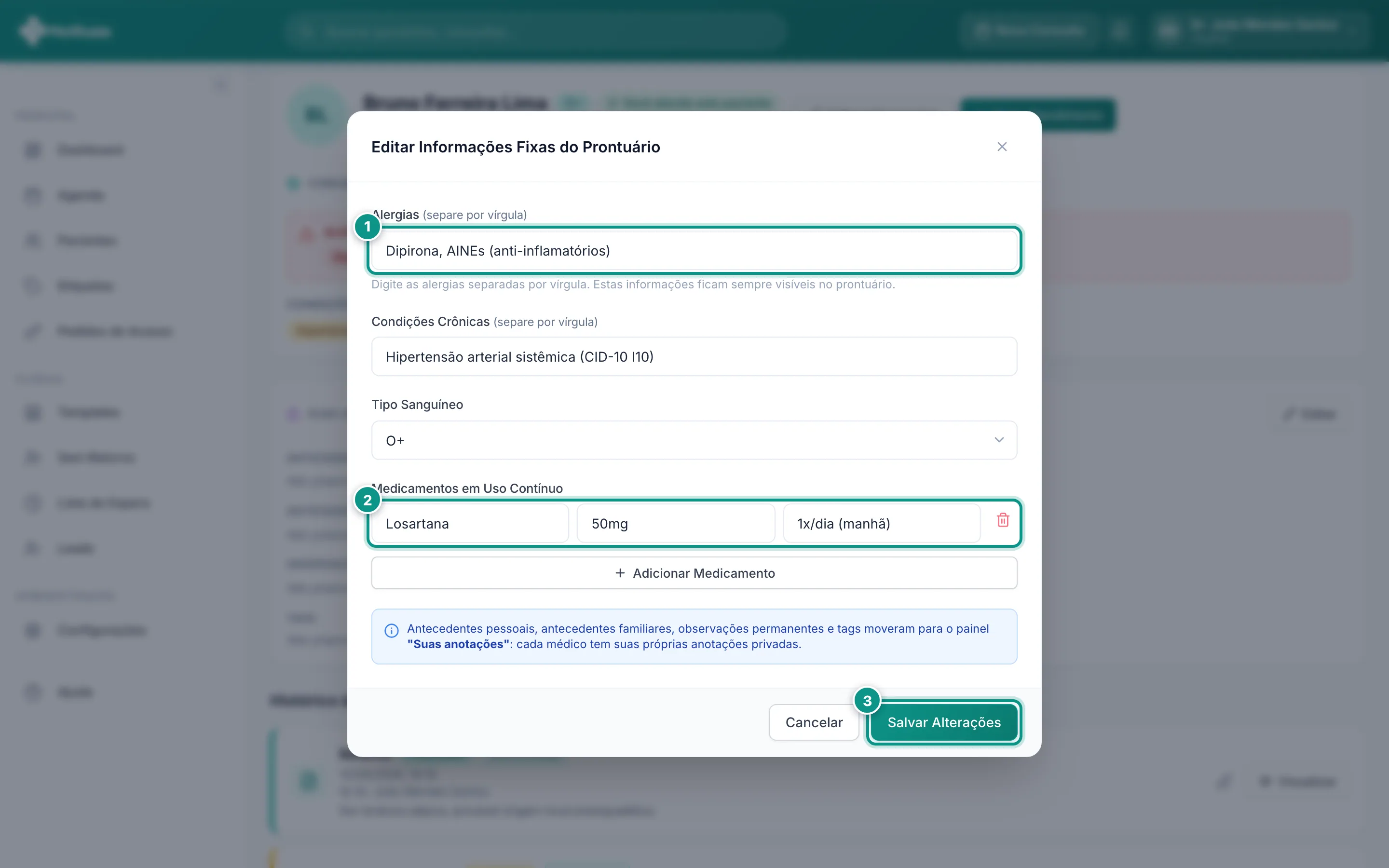Modal de edição das informações fixas