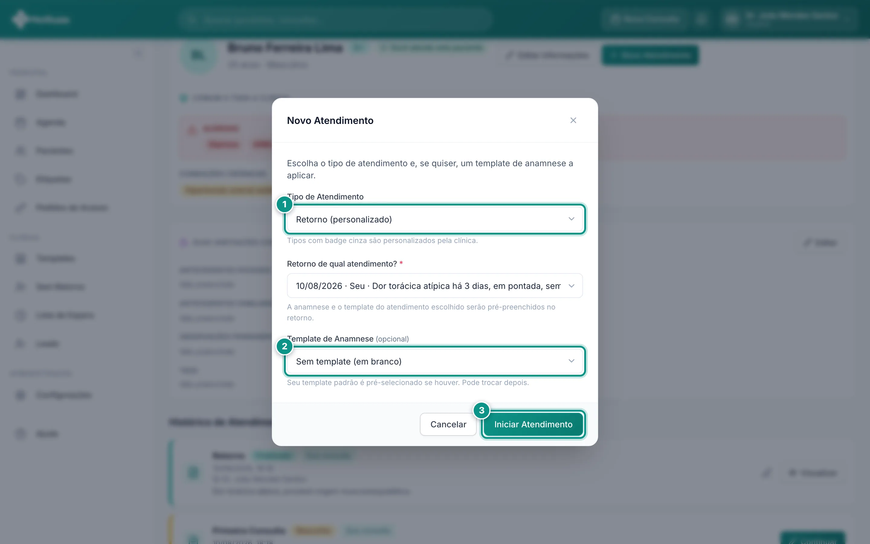 Modal de novo atendimento no prontuário