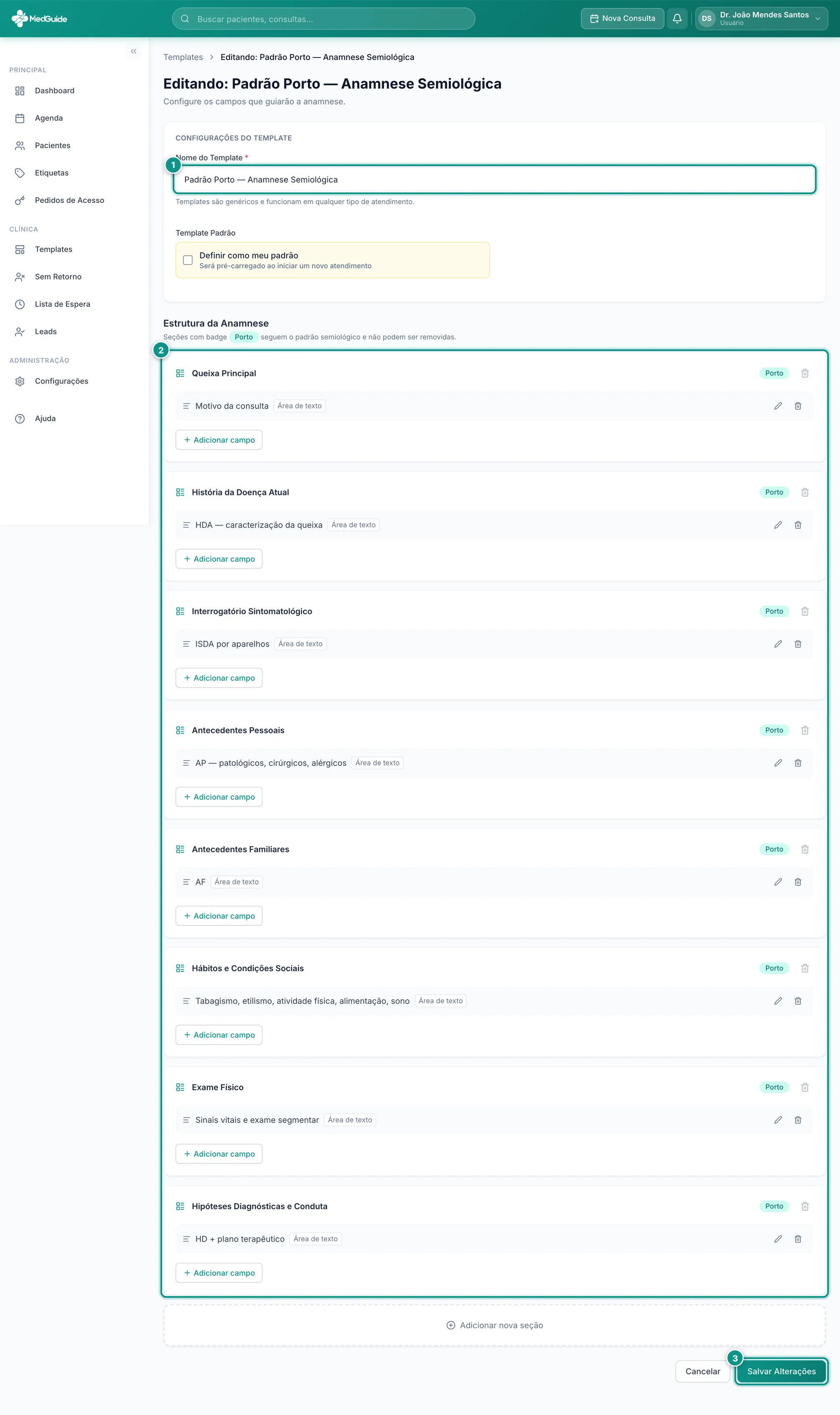 Editor de template com seções e campos